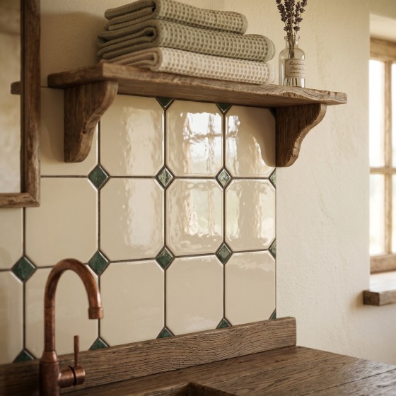 Cotswolds English Cream Gloss Octagon Ceramic Wall Tile 150x150mm with Racing Green Taco (Insert)
